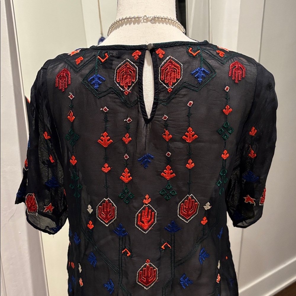 Lucky Brand Black Sheer Blouse with Red and Blue Embroidery - Picture 4 of 7